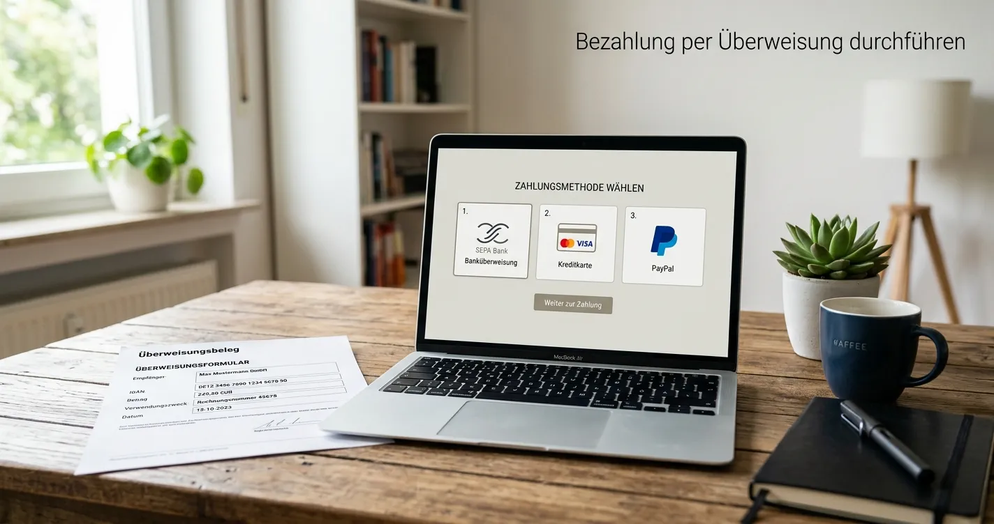 Neutrale Übersicht von Banküberweisung und digitalen Zahlungsmethoden am Laptop