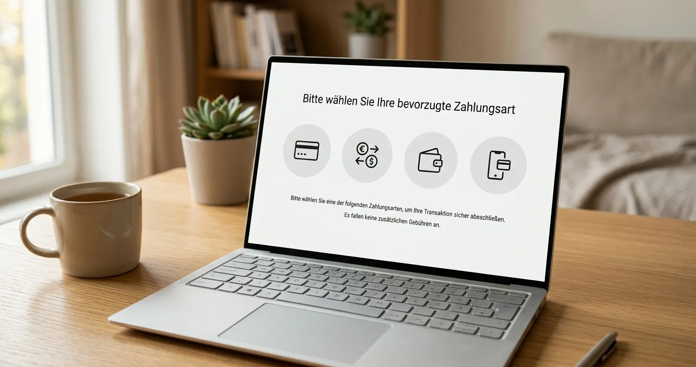 Laptop mit neutraler Kassenansicht und mehreren unbeschrifteten Zahlungsoptionen