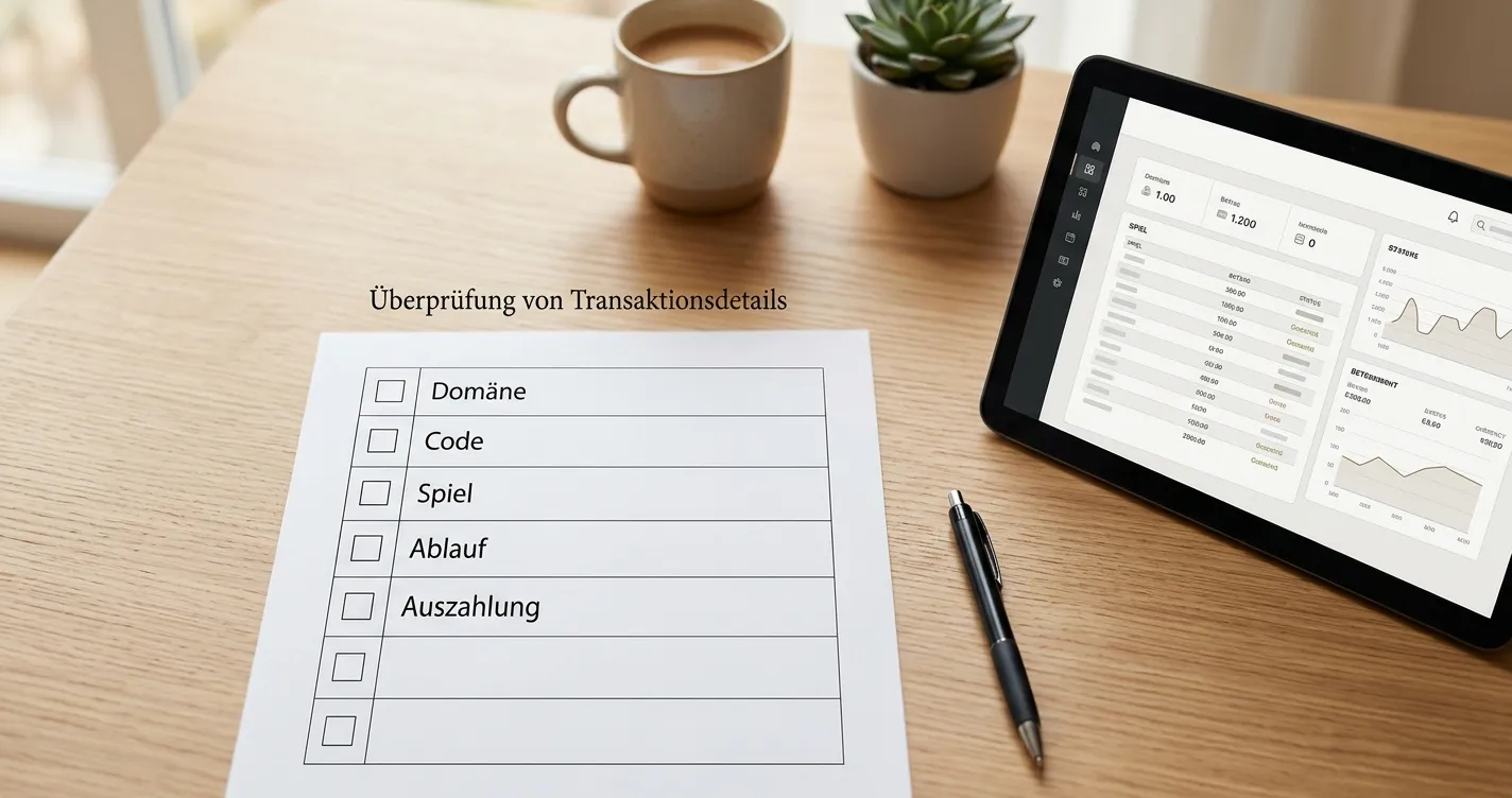 Checkliste mit Domain, Code, Spieltitel und Frist auf einem aufgeräumten Schreibtisch