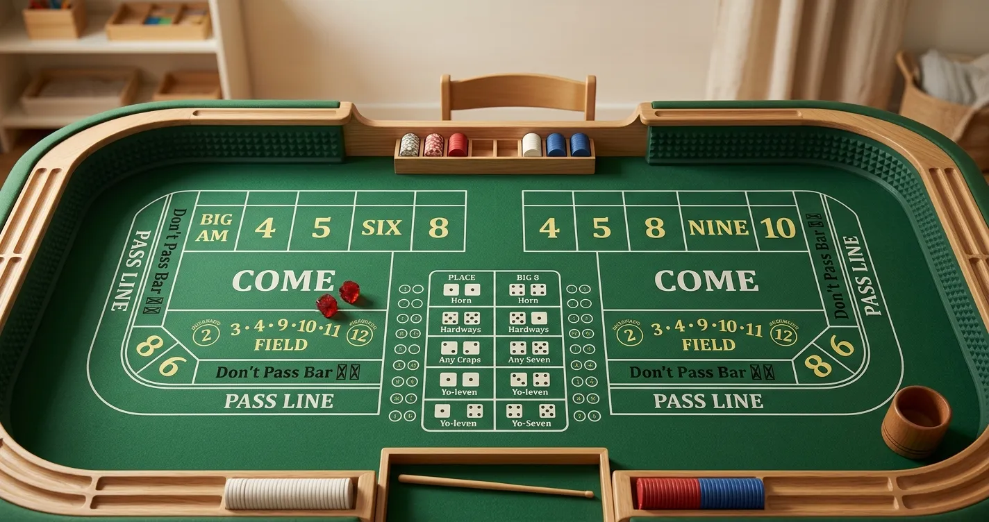 Craps-Tisch mit markierten Würfeln und Wettfeldern
