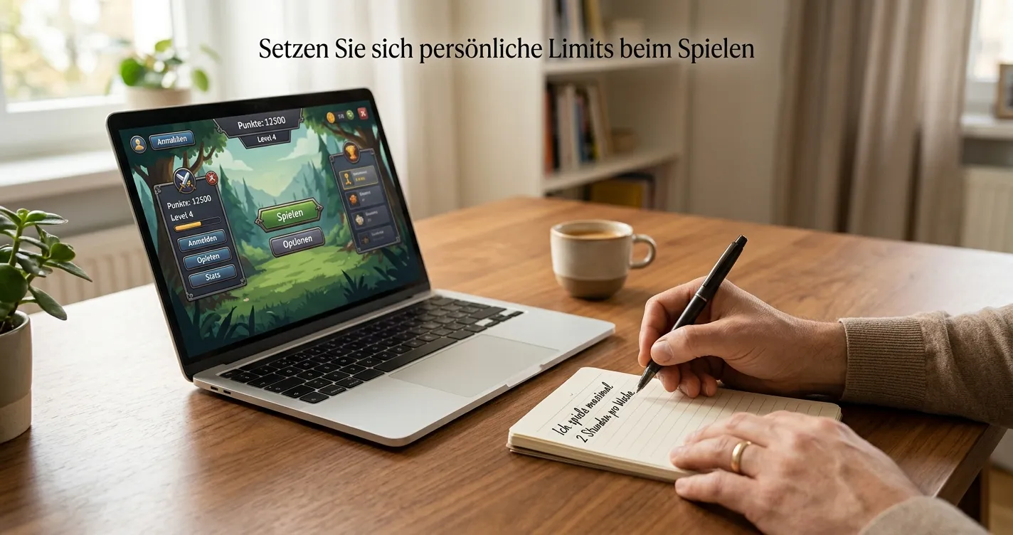 Aufgeräumter Schreibtisch mit neutraler Demospiel-Ansicht und notiertem persönlichen Limit