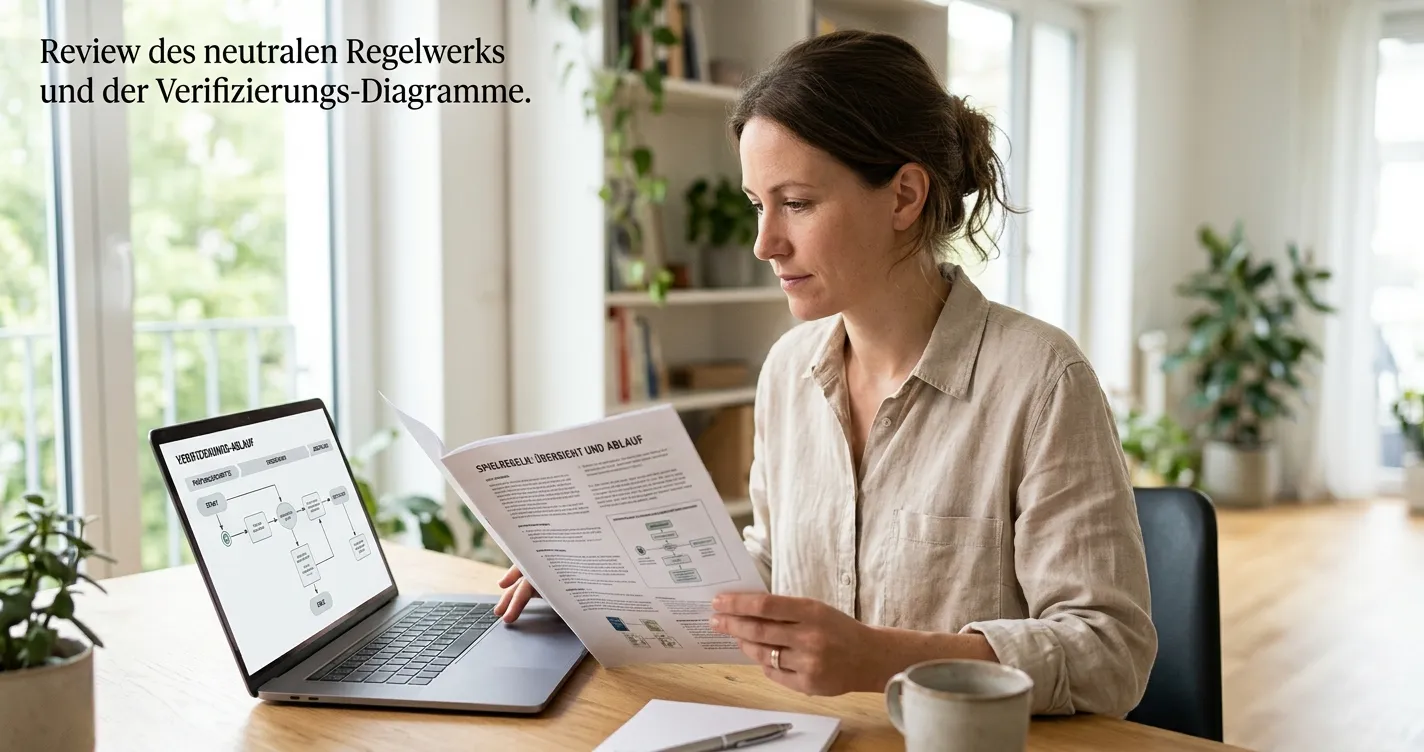 Person prüft Spielregeln und technische Fairness an einem neutralen Laptop