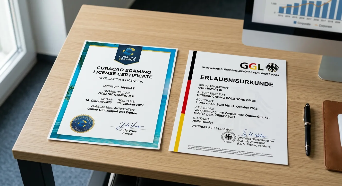 Curaçao-Lizenz Dokument und GGL-Logo nebeneinander auf einem Schreibtisch