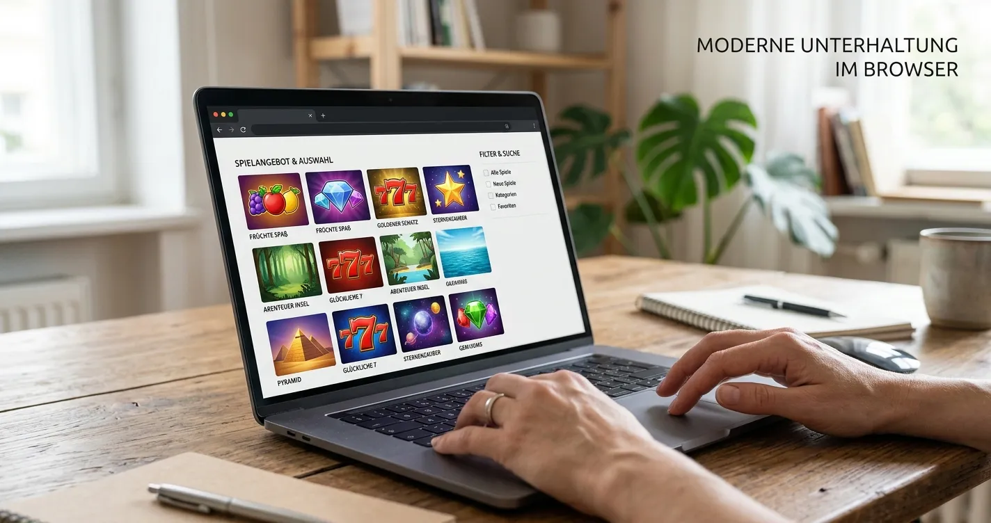 Laptop mit virtueller Automatendemo und mehreren Spielauswahlkarten