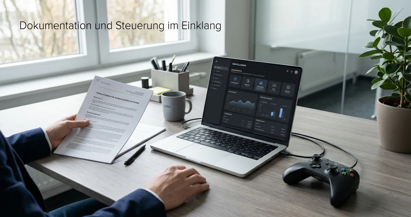 Neutrales deutsches Regelwerk neben Laptop mit manueller Spielsteuerung