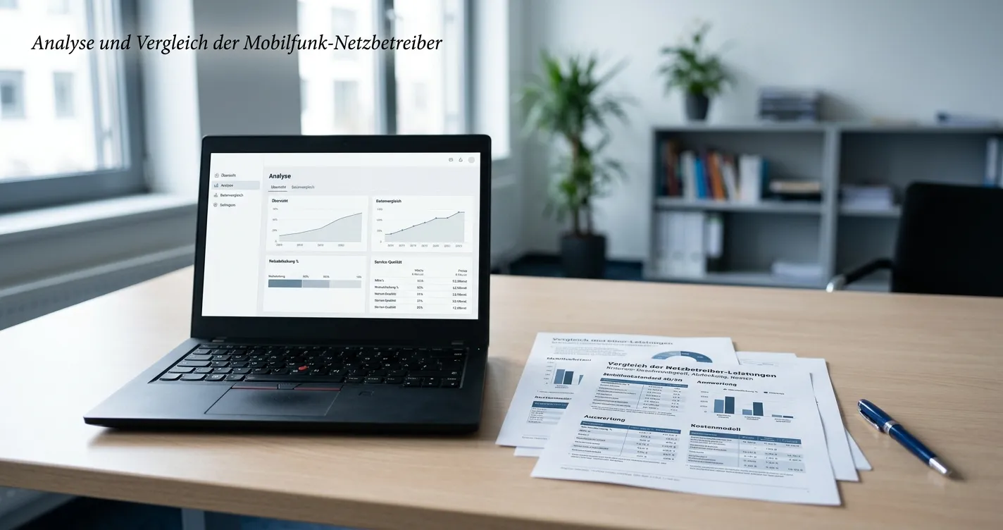 Laptop mit neutraler Anbieterübersicht und Prüfnotizen auf einem Schreibtisch