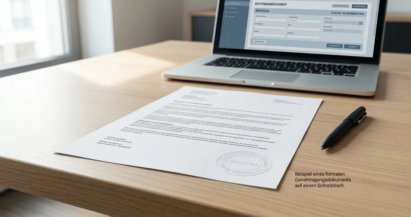 Neutrales Dokument mit Prüfsiegel, Stift und Laptop ohne Logos
