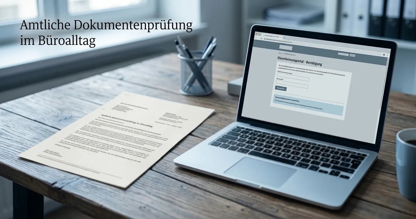 Neutrales deutsches Erlaubnisdokument neben Laptop mit sicherer Anbieterprüfung