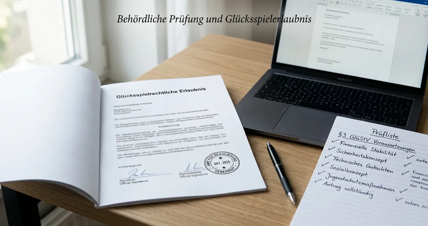 Neutrales deutsches Erlaubnisdokument neben einem Laptop mit Prüfliste