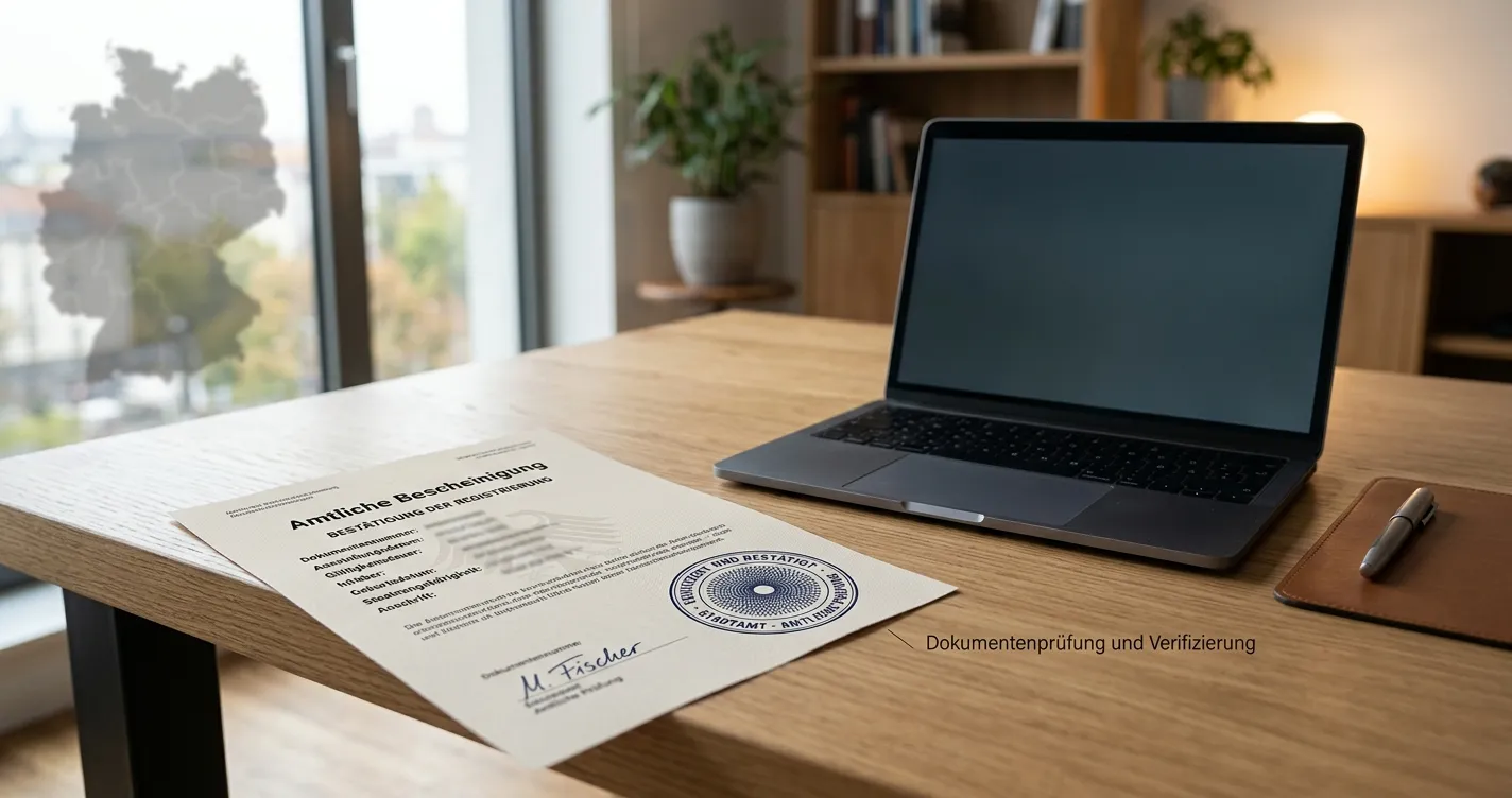 Neutrales Dokument mit Prüfstempel neben Laptop und deutschem Kartenumriss ohne Logos