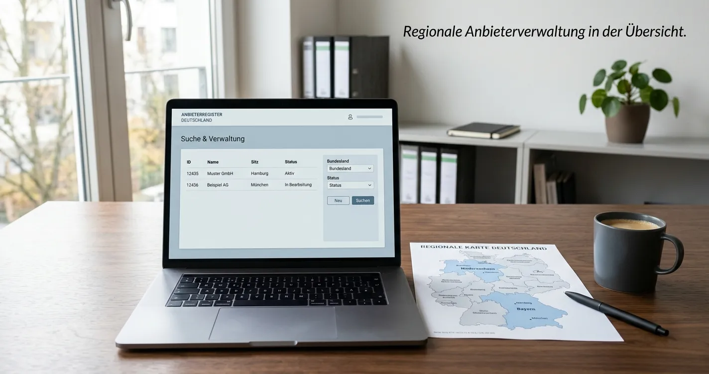 Amtliche Prüfliste neben Laptop mit regionaler Deutschlandkarte