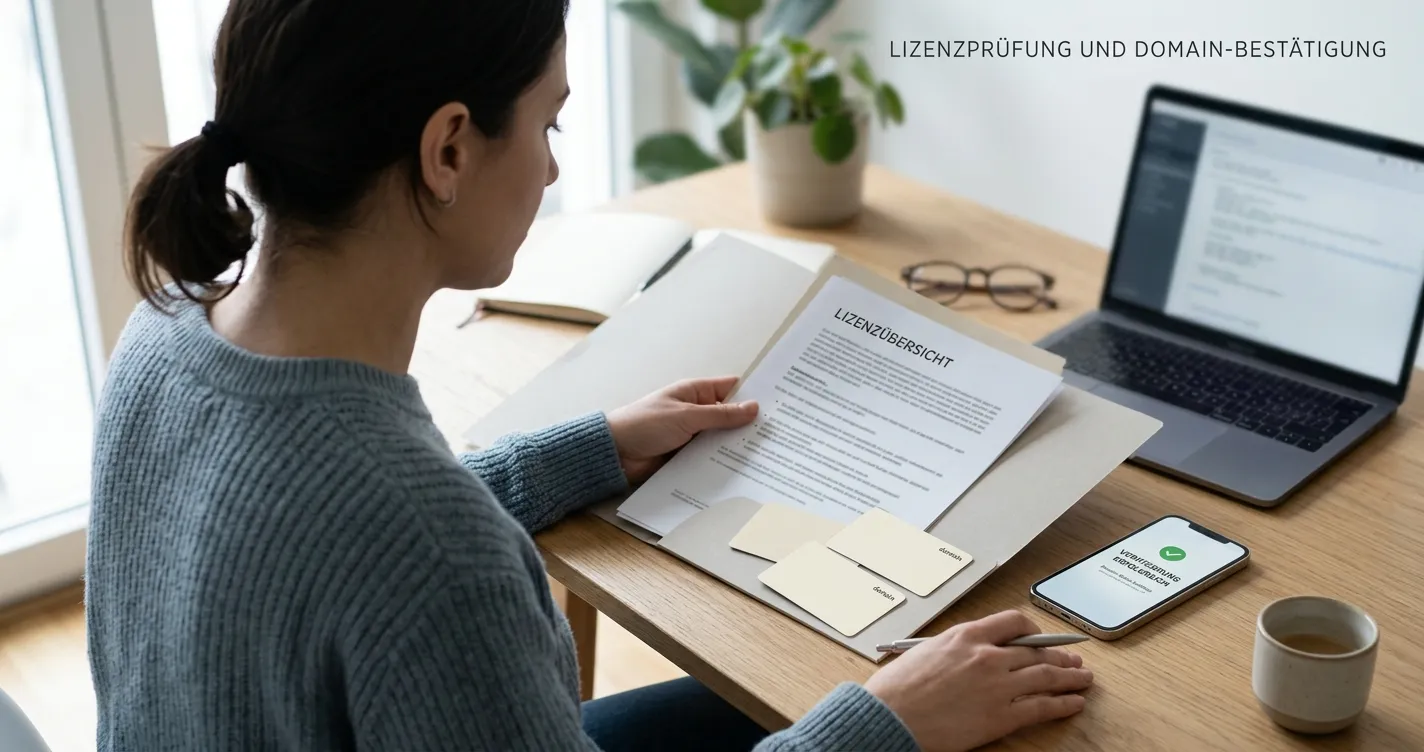 Neutraler Whitelist-Auszug mit vier mobilen Domainkarten auf einem Schreibtisch