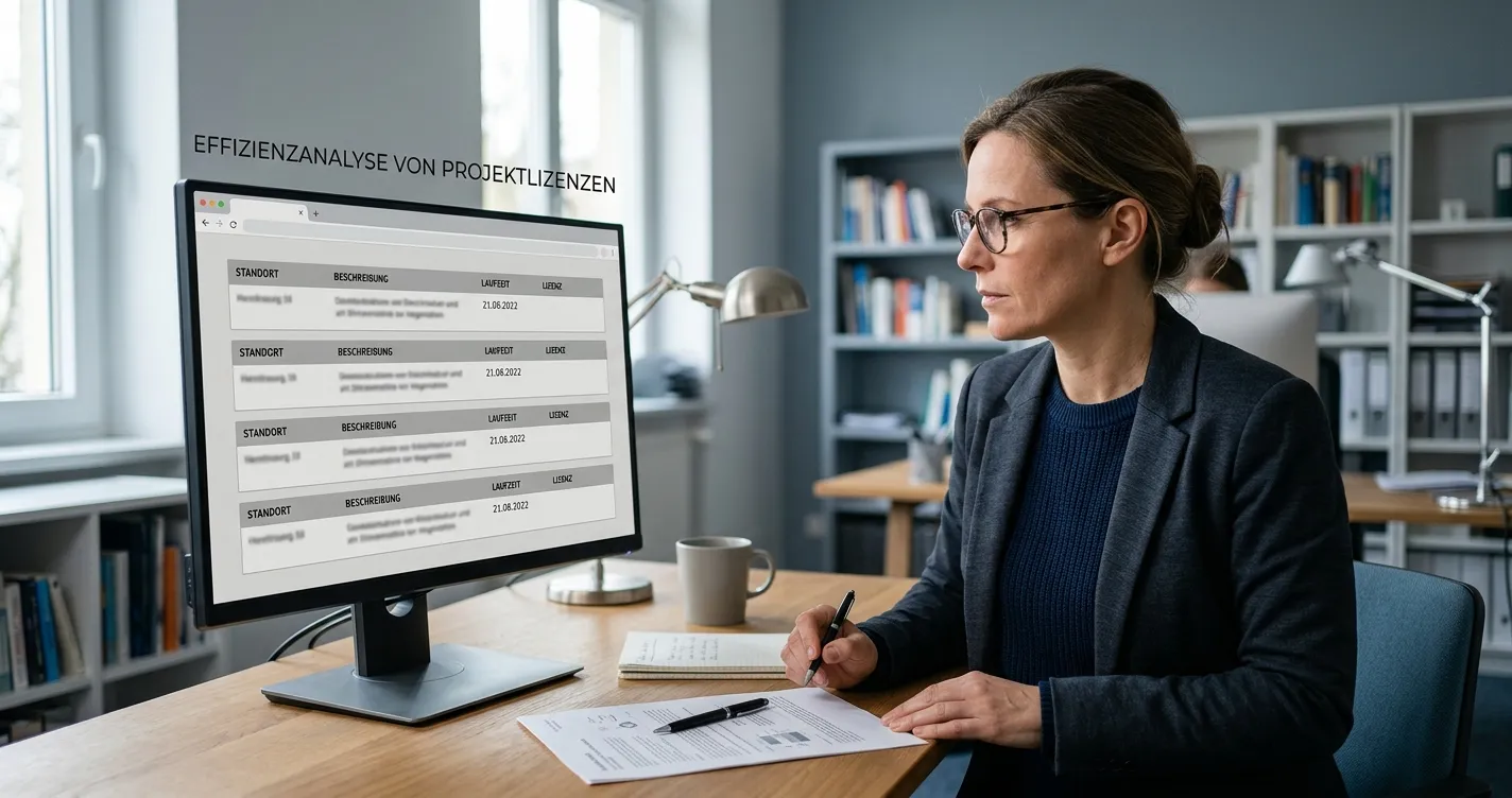 Neutrale Übersicht mit vier Casino-Domains und Lizenzspalten auf einem Monitor