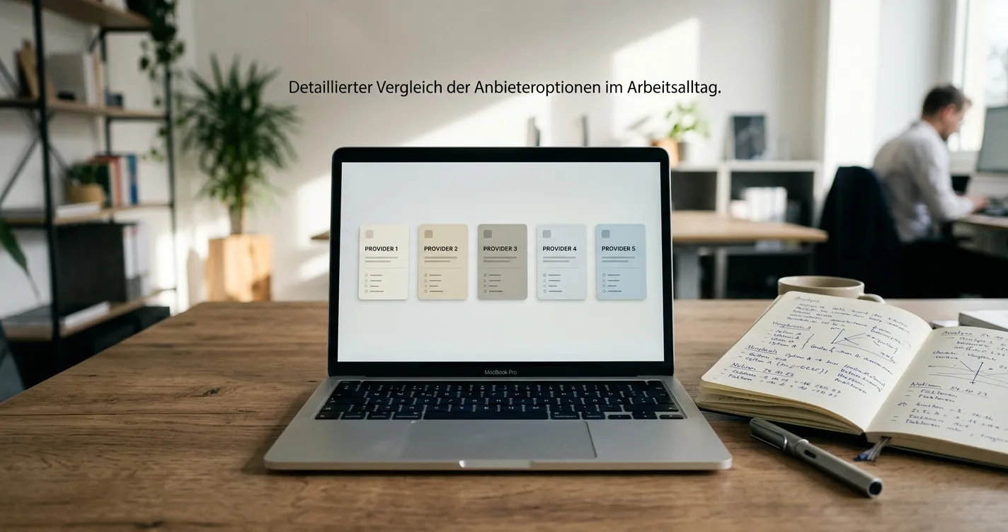 Fünf neutrale Anbieterprofile auf einem Laptop ohne erkennbare Markenlogos