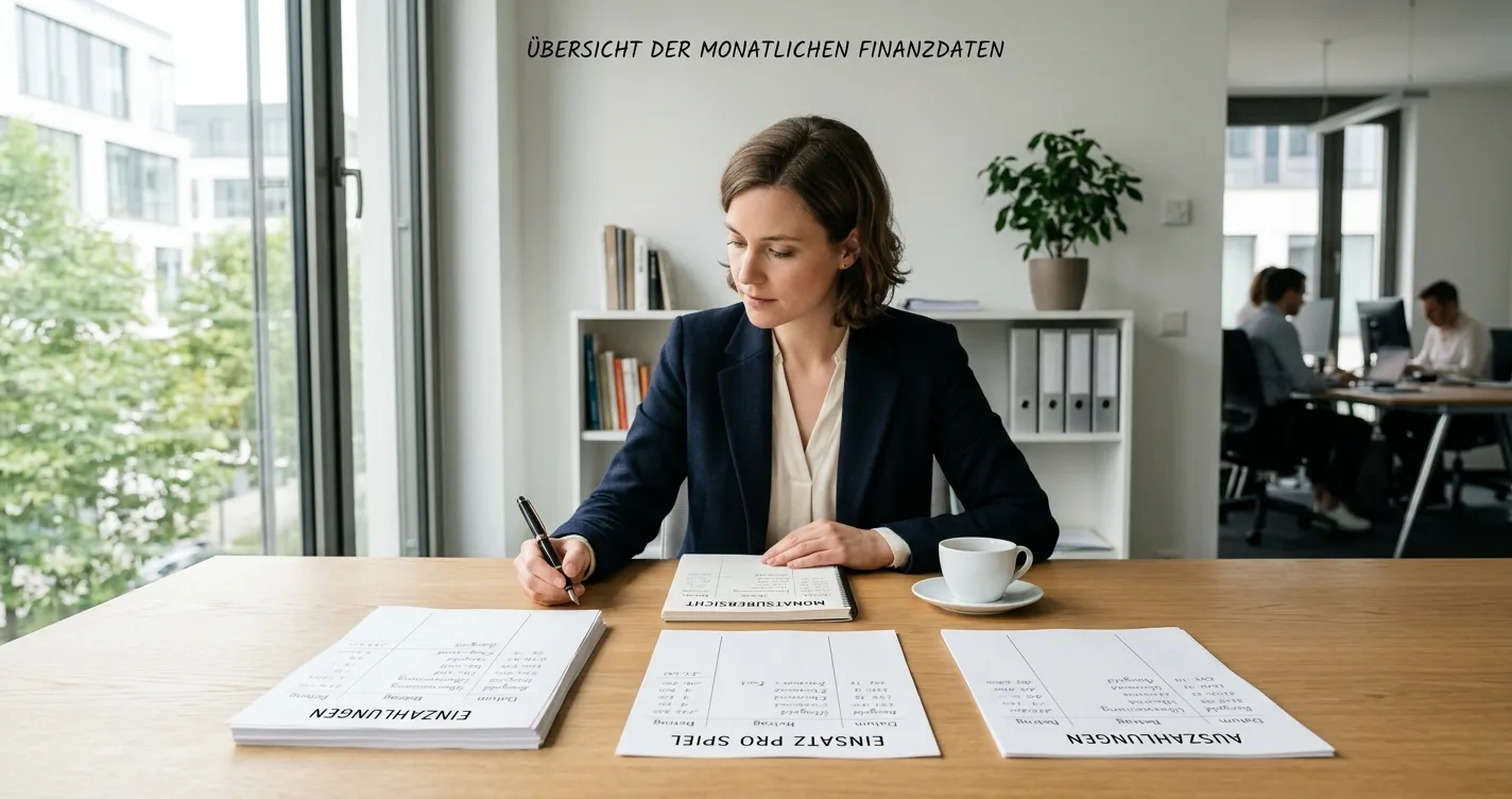 Schreibtisch mit Monatsnotizen und drei neutral markierten Prüffeldern