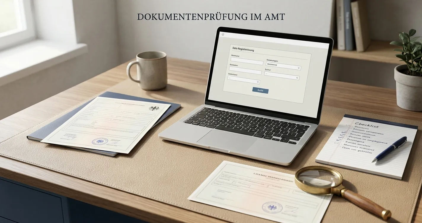 Neutrale Lizenzdokumente und Laptop auf einem ordentlichen Schreibtisch