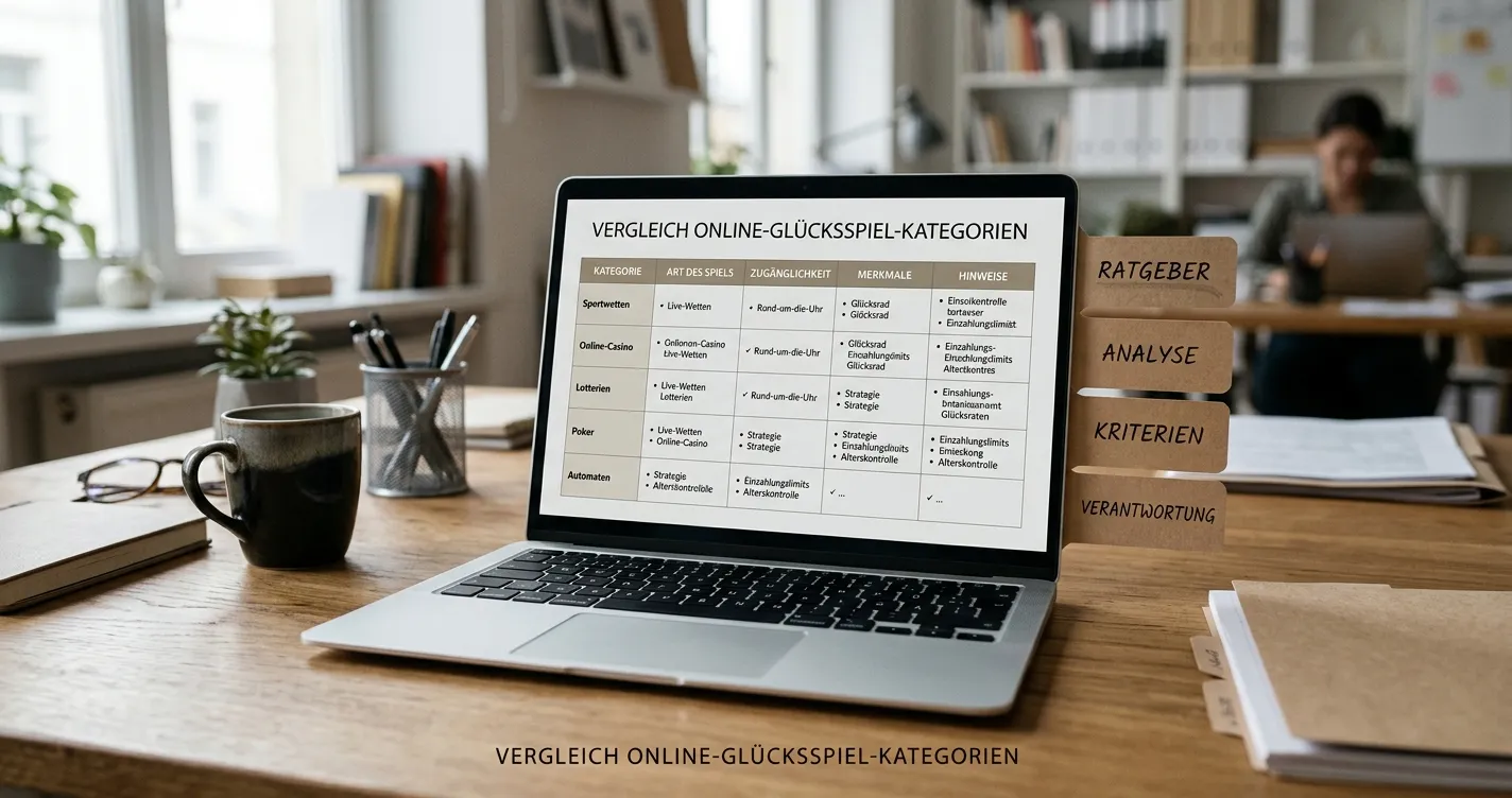 Laptop mit neutraler Übersicht deutscher Online-Spielangebote auf einem aufgeräumten Schreibtisch