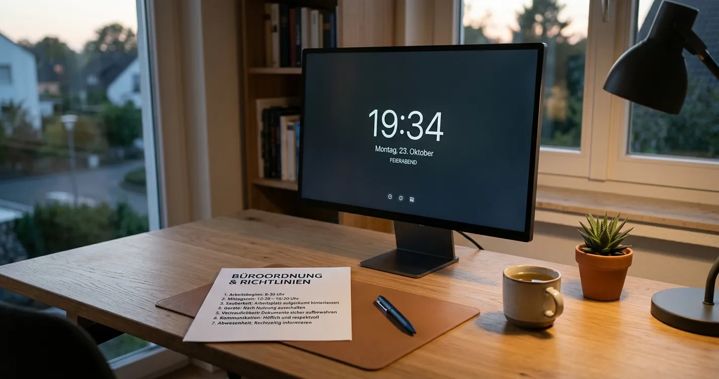 Ruhiger Arbeitsplatz mit Spielregeln und sichtbarer Zeitangabe auf einem neutralen Bildschirm