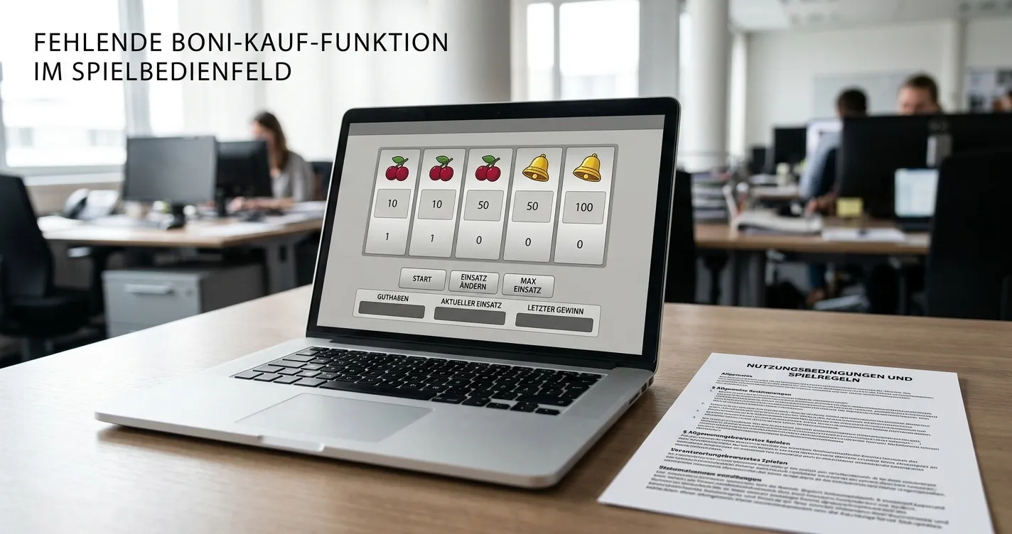 Neutraler Spielautomat mit ausgeblendetem Kaufknopf und deutschen Regelhinweisen