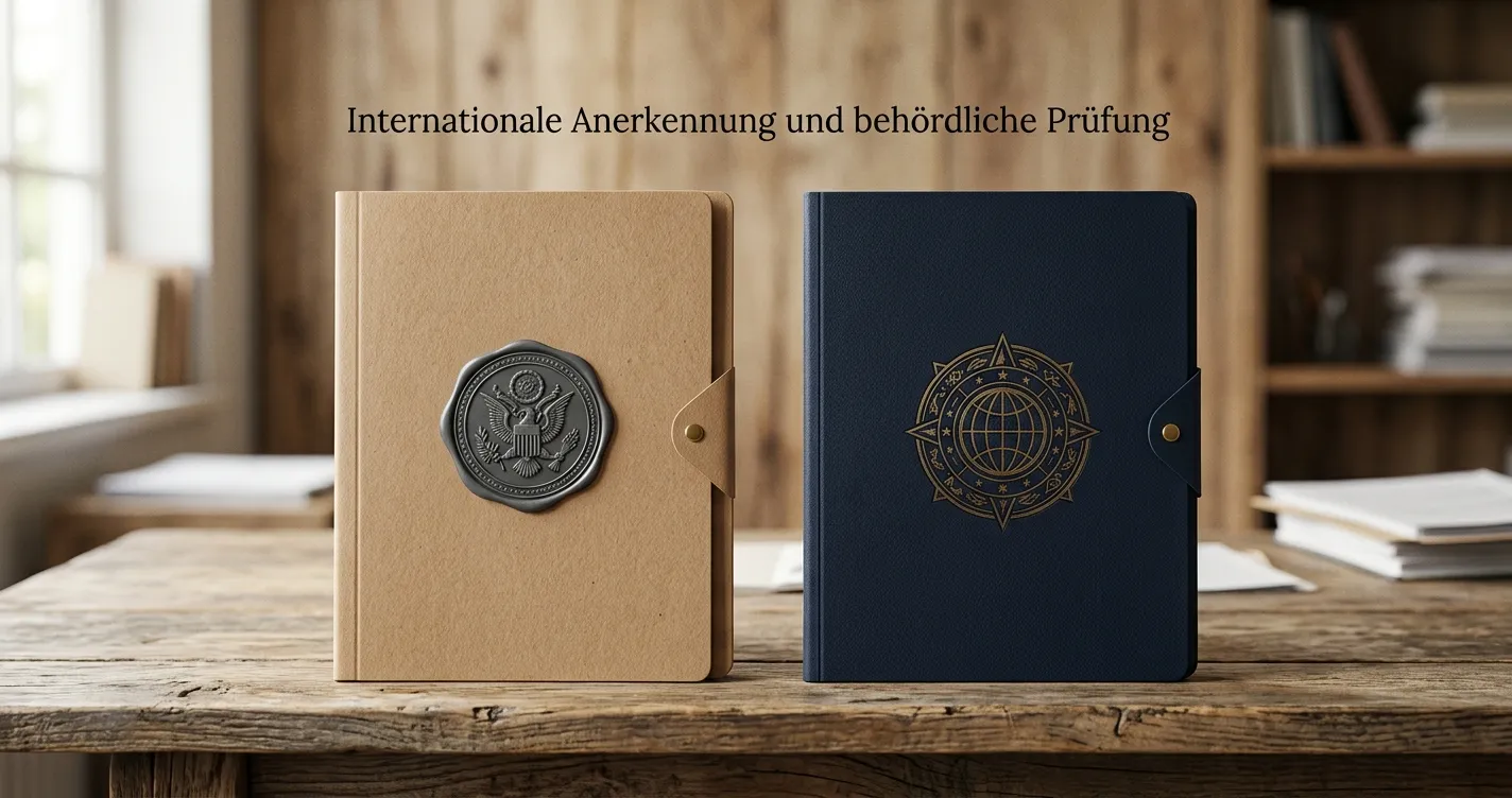 Zwei Wege mit deutschem Schutzsymbol und internationalem Lizenzdokument