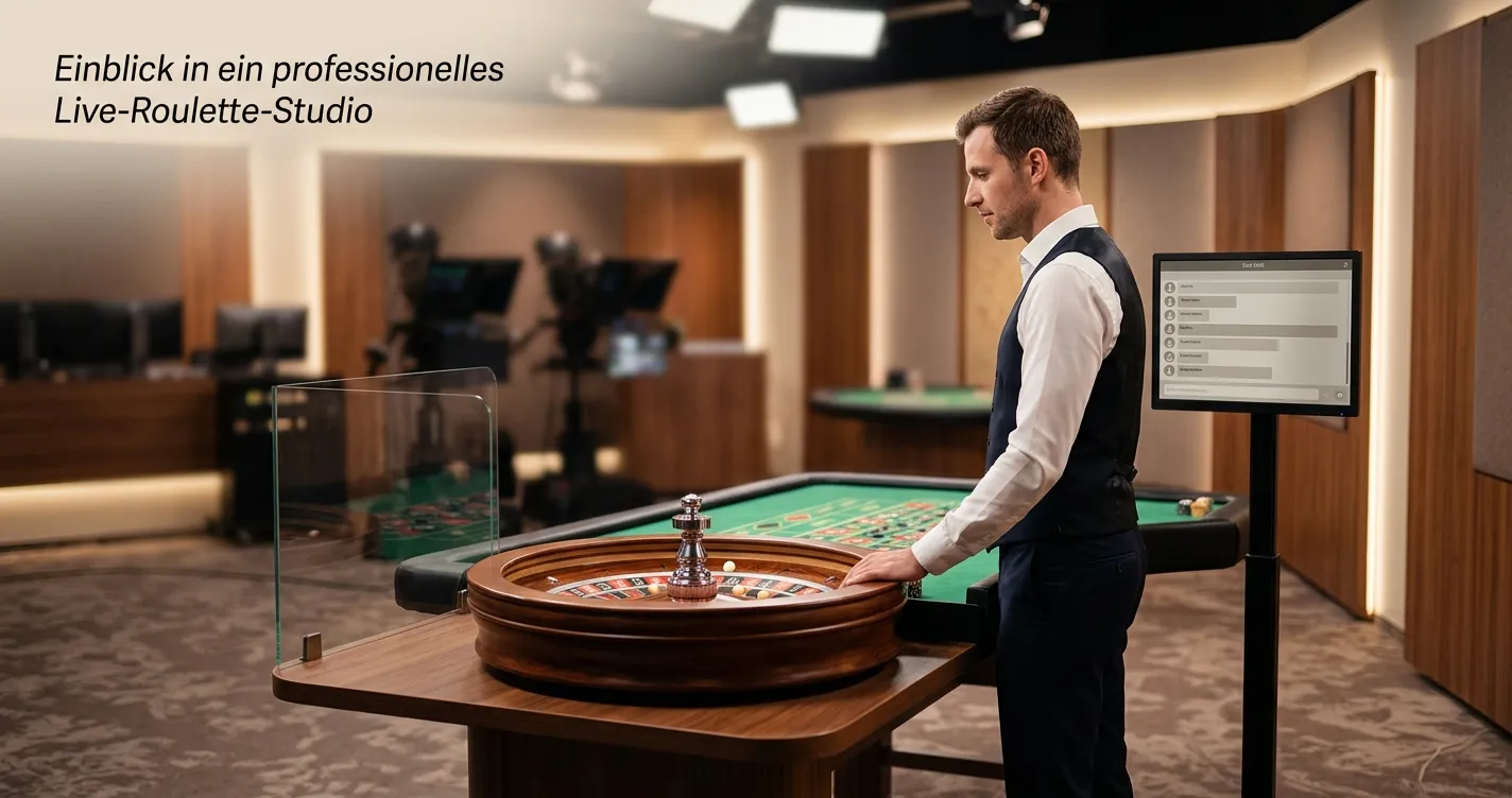 Live-Croupier in neutralem Studio mit Roulette-Rad und Bildschirmchat