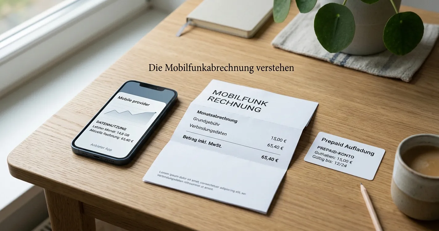 Smartphone mit neutraler Mobilfunkabrechnung und Prepaid-Hinweisen