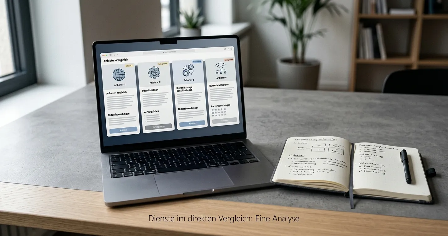 Neutrale Anbieterprofile auf einem Laptop neben einem Notizbuch