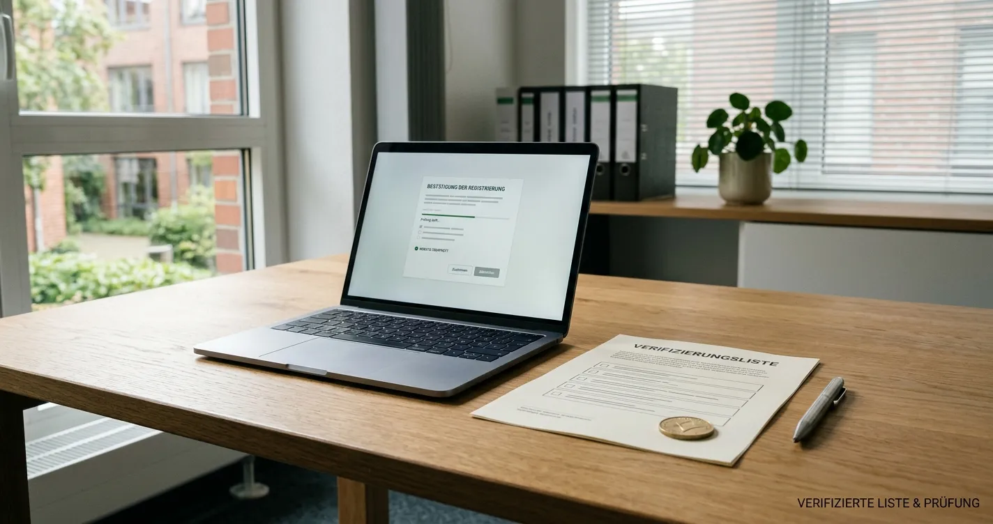 Schreibtisch mit Whitelist-Dokument und neutraler Website-Prüfung