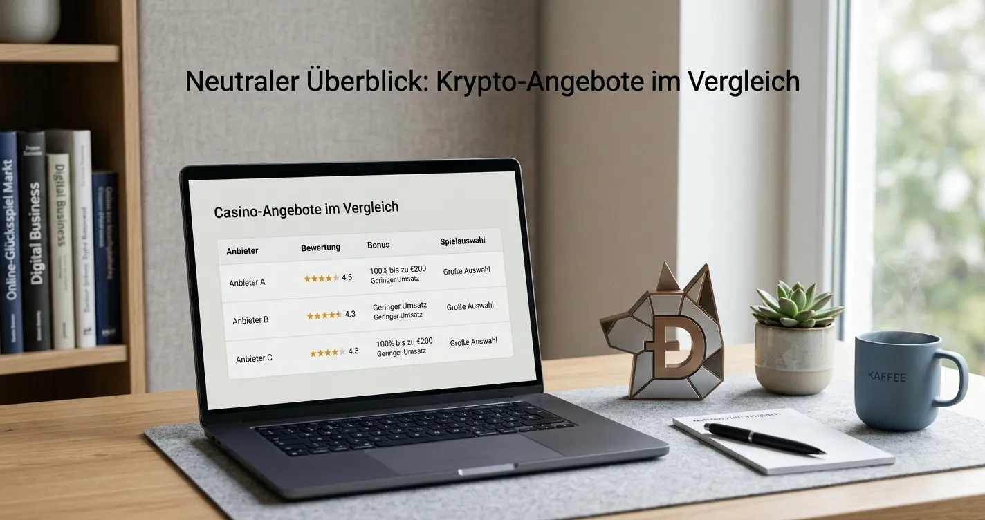 Laptop mit neutraler Vergleichstabelle und Dogecoin-Symbol auf einem Bildschirm