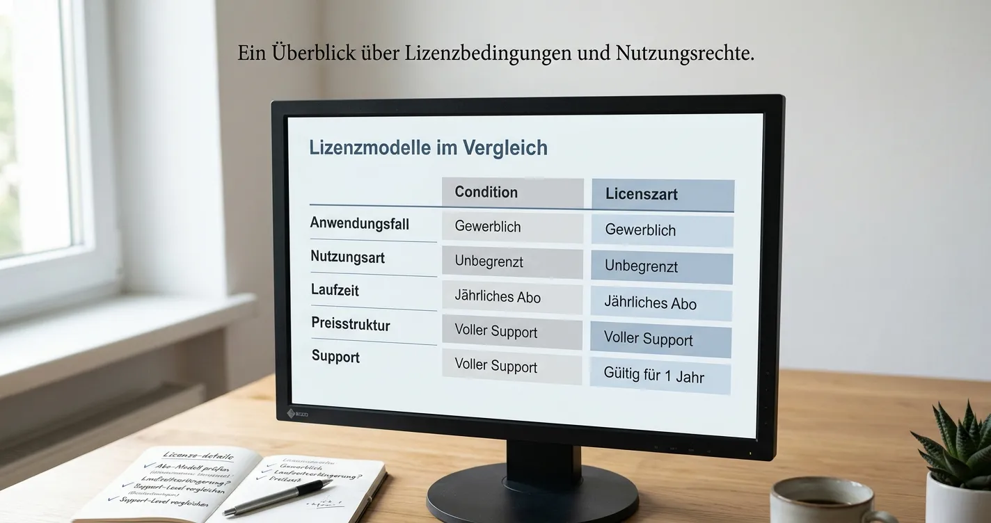 Neutrale Rangliste mit markierten Bedingungen und Lizenzfeldern auf einem Monitor