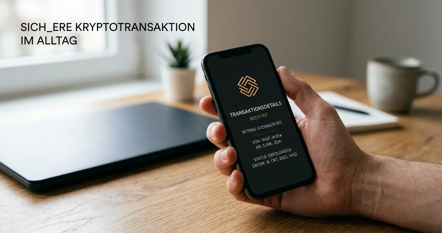 Hand mit Smartphone und neutralem Wallet-Transaktionsbildschirm