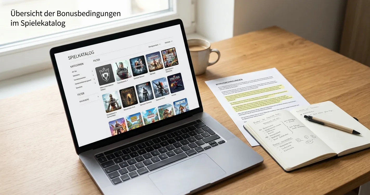 Laptop mit neutraler Spieleübersicht und handschriftlichen Prüfnotizen