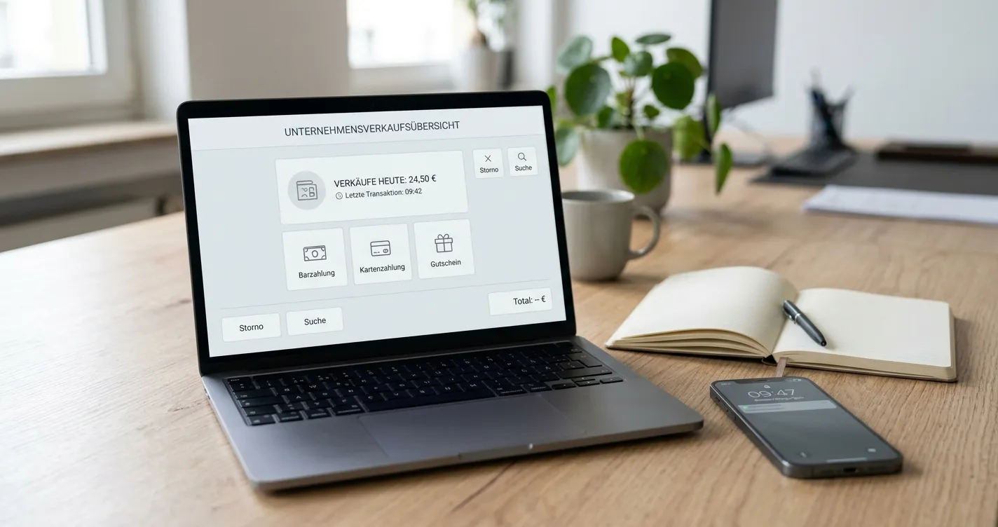 Laptop mit neutraler Kassenansicht und mehreren symbolischen Zahlungswegen