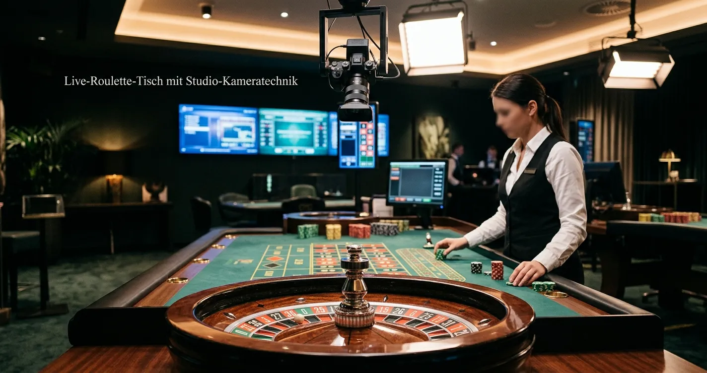 Live-Roulette-Tisch mit sichtbarer Kameraübertragung und neutralem Dealer-Abstand