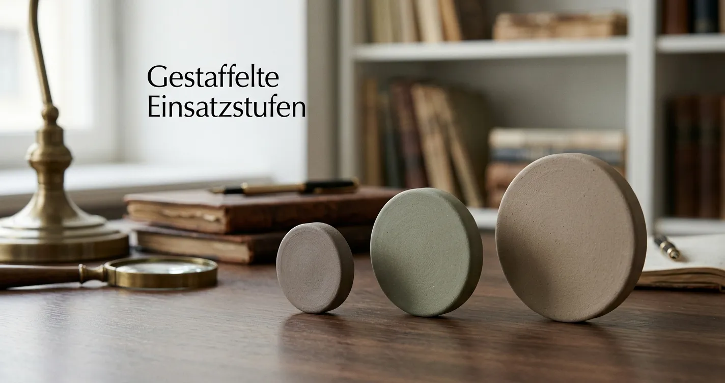 Neutrale Darstellung drei gestaffelter Einsatzmarken auf einem Schreibtisch ohne Geldscheine