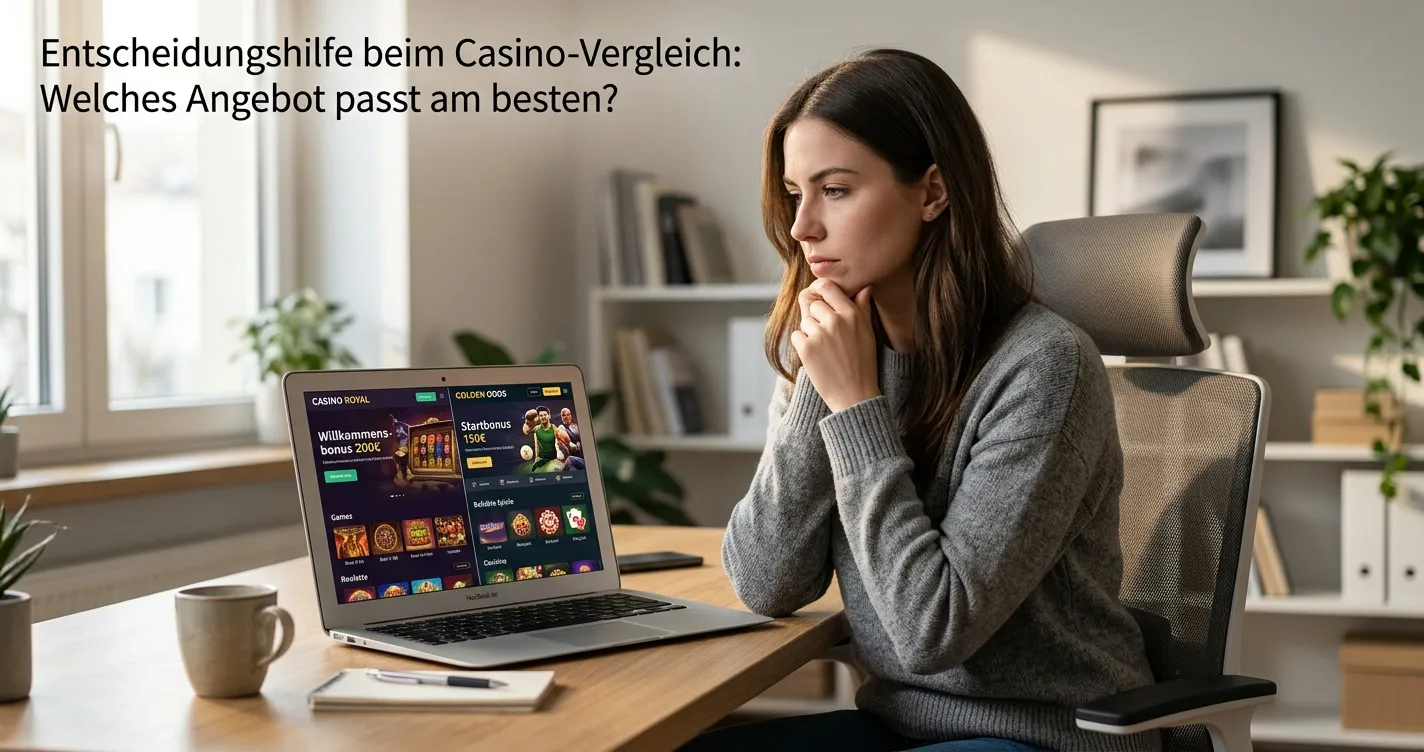 Person am Schreibtisch in nachdenklicher Haltung vor Laptop mit Casino-Vergleich