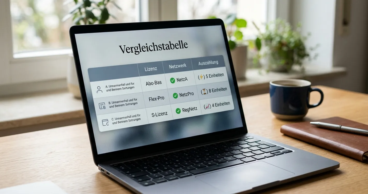 Vergleichstabelle mit neutralen Lizenz- und Zahlungsfeldern auf einem Laptop