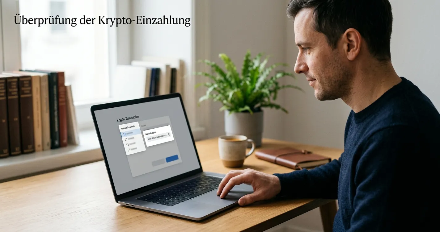 Laptop mit neutralem Krypto-Casino-Cashier und Netzwerkauswahl