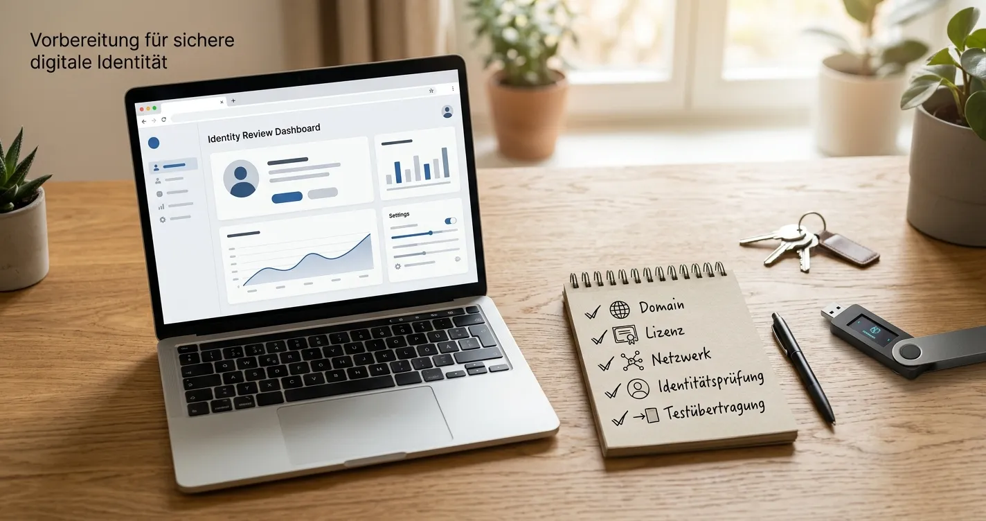 Checkliste mit Domain, Lizenz, KYC und Wallet-Adresse auf einem Schreibtisch