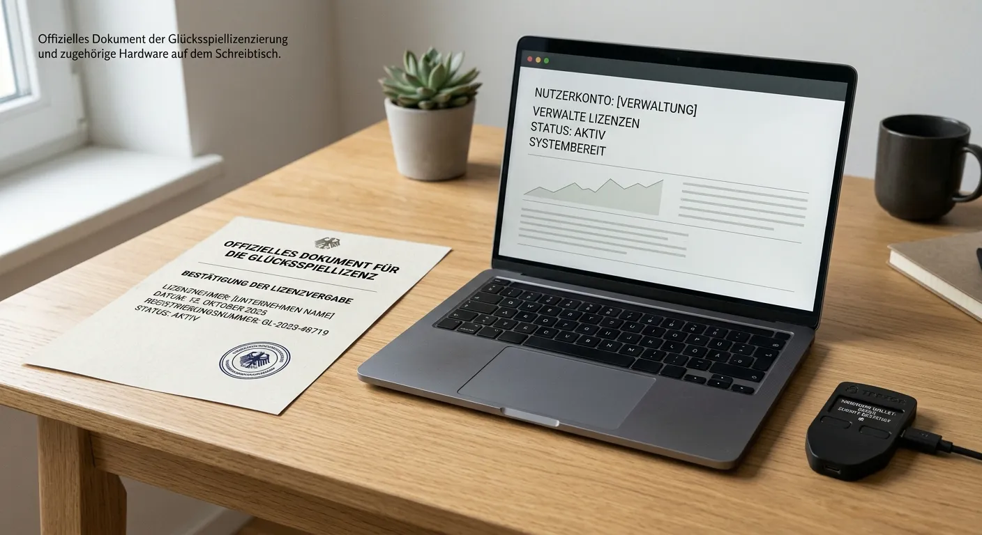 Neutrales Lizenzdokument und Wallet-Prüfung auf einem ruhigen Bürotisch