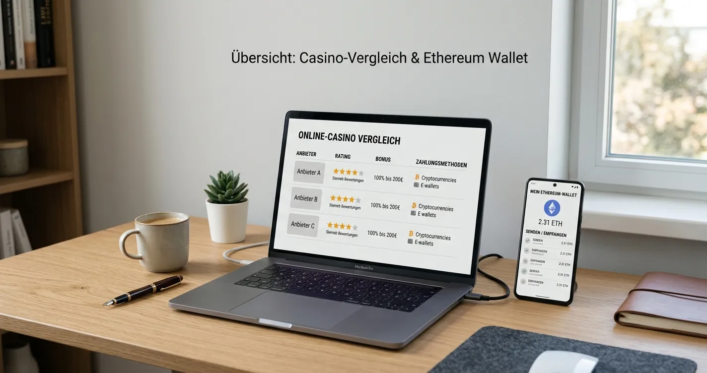 Ethereum-Wallet neben einem neutralen Casino-Vergleich auf einem Schreibtisch