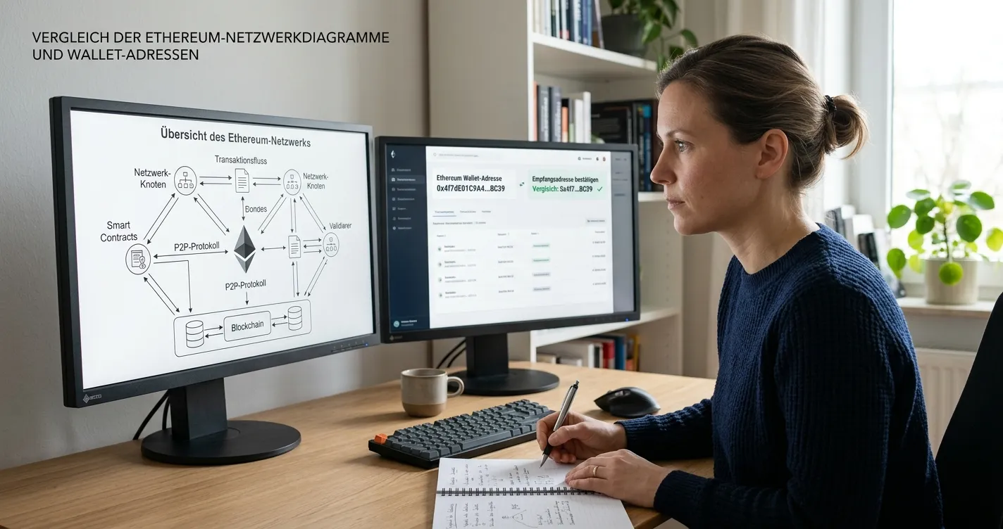 Person prüft Ethereum-Netzwerk und Wallet-Adresse auf zwei neutralen Bildschirmen