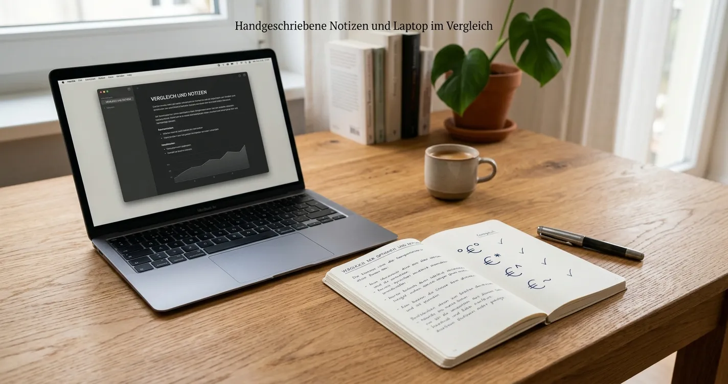 Hand mit Notizblatt und vier markierten Einzahlungsschwellen neben einem Laptop