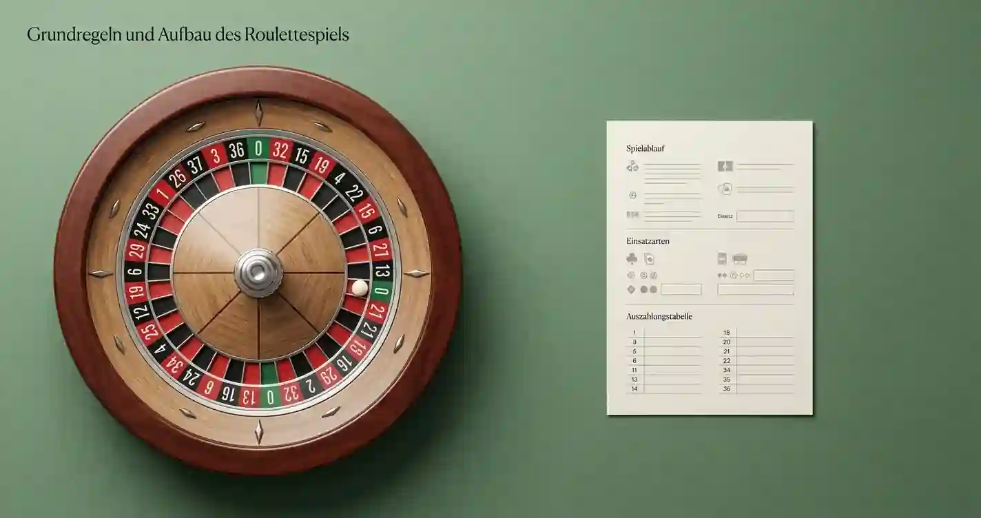 Europäisches Roulette-Rad mit übersichtlicher Regelkarte und Einsatzfeldern