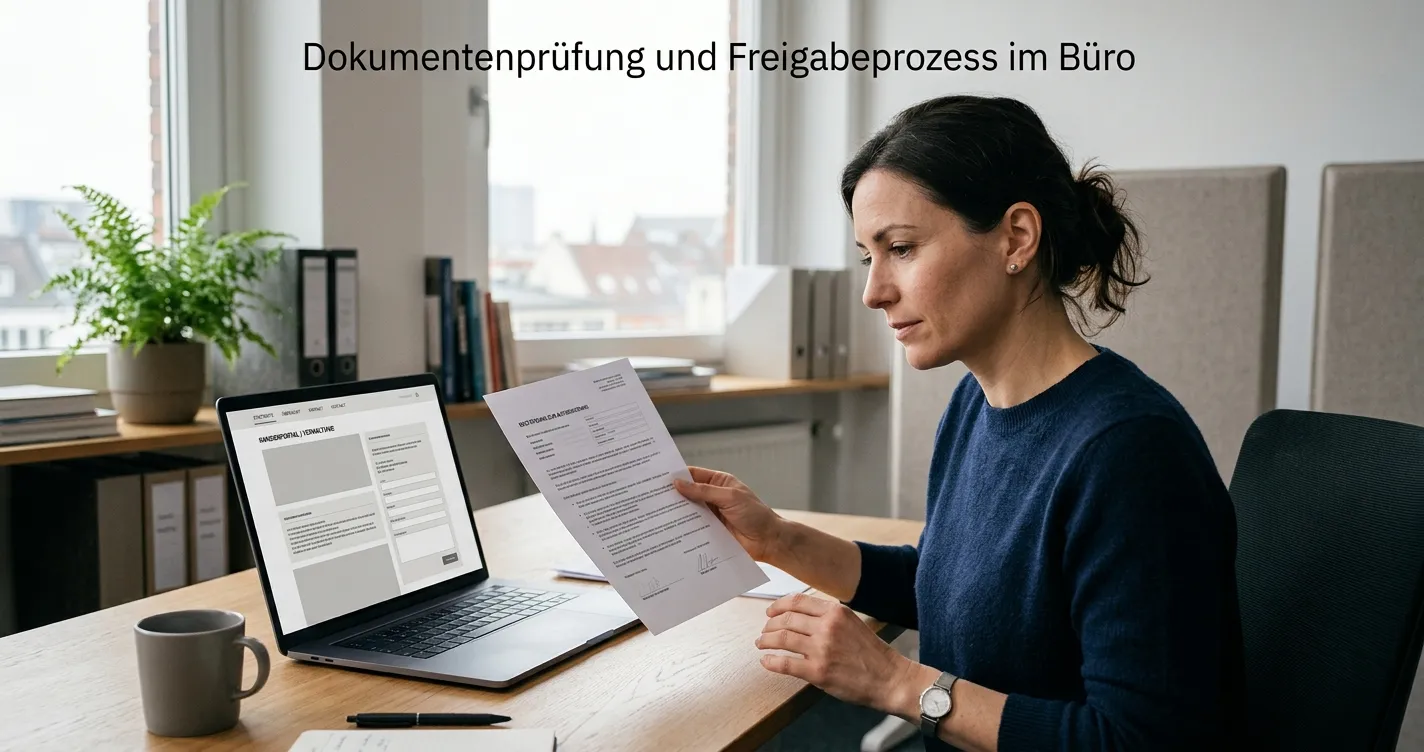 Schreibtisch mit Laptop und neutralem Registerdokument zur Anbieterprüfung