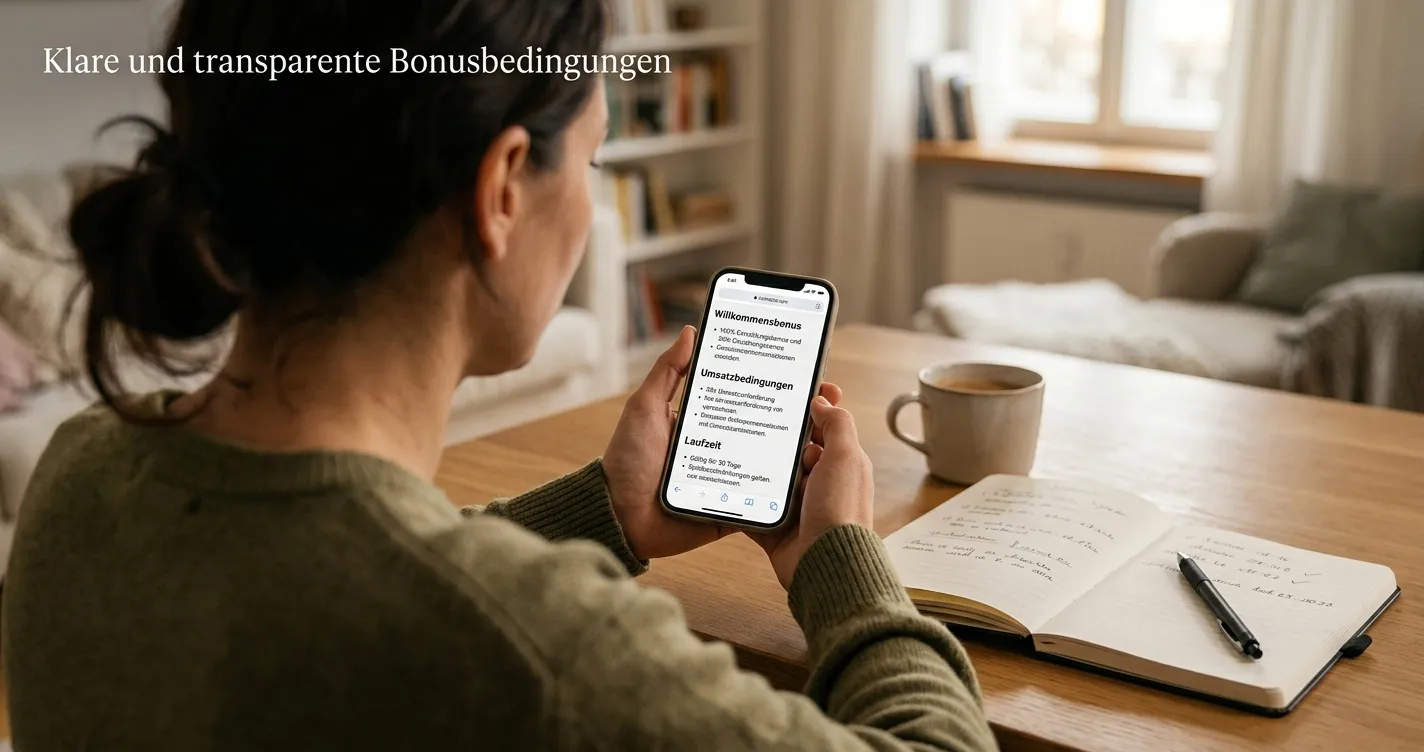 Person betrachtet auf einem Smartphone eine neutrale Bonusbedingungsseite im Browser