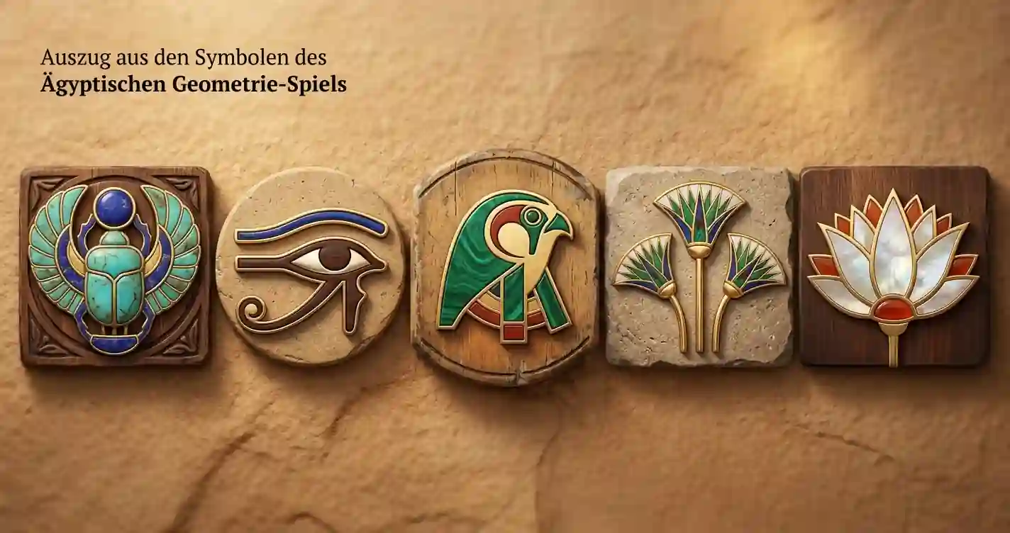 Nahaufnahme neutraler ägyptischer Spielsymbole auf fünf Walzen ohne Markenkennzeichen