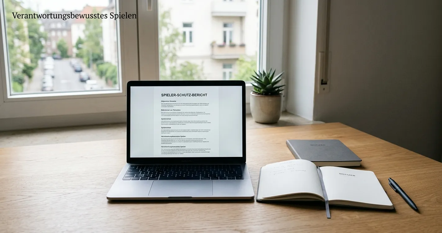 Schreibtisch mit neutralem Spielerschutz-Dokument und Laptop in deutscher Umgebung
