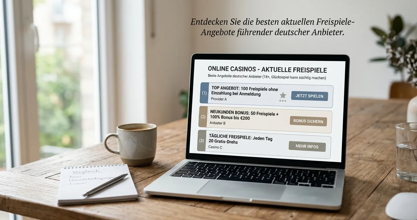 Neutraler Laptop mit mehreren Freispiele-Angeboten deutscher Anbieter