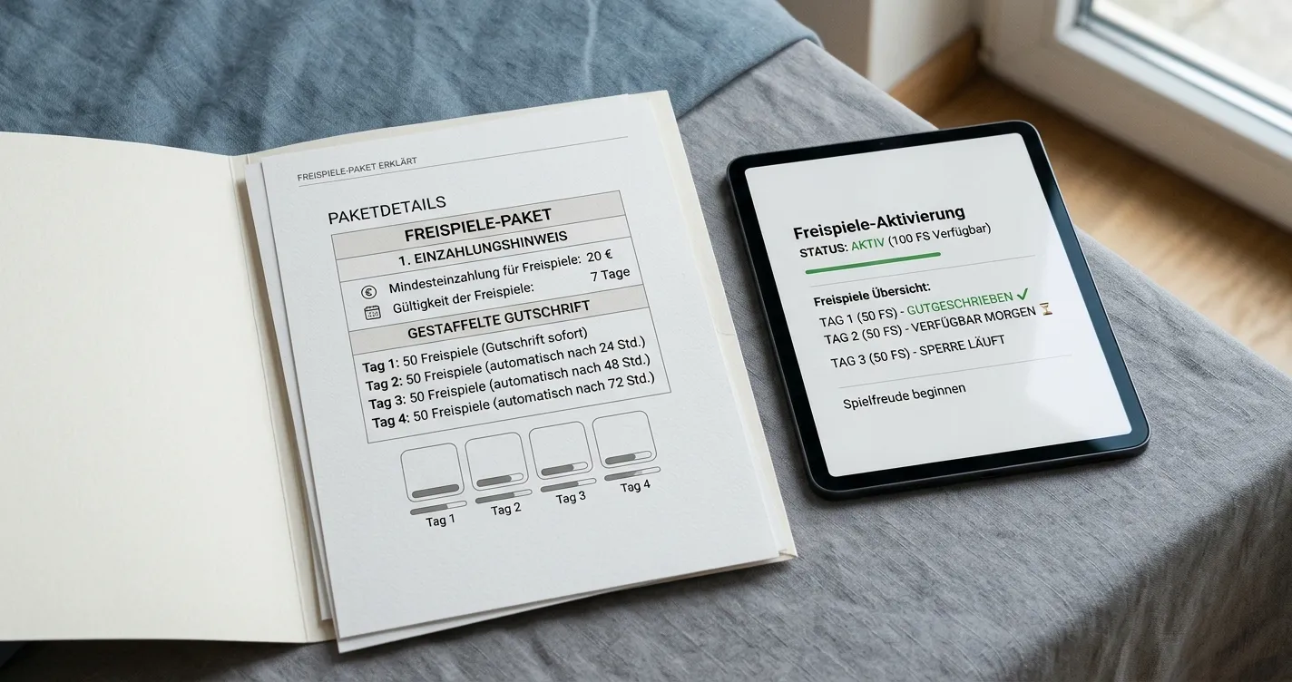 Dokumentiertes Freispiele-Paket mit Einzahlungshinweis und gestaffelter Gutschrift